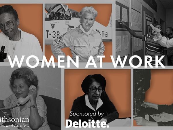 Black and white photos of a six women at their jobs, with the event title and sponsor logos