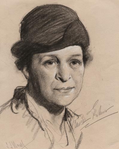A sketched charcoal portrait of Francis Perkins from the shoulders up. She is wearing a black hat, and her signature is in the bottom right corner.