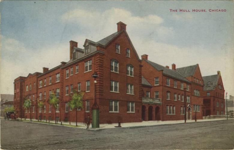 Front of a postcard sketch showing a large red brick building with a gray roof on the corner of a city block.
